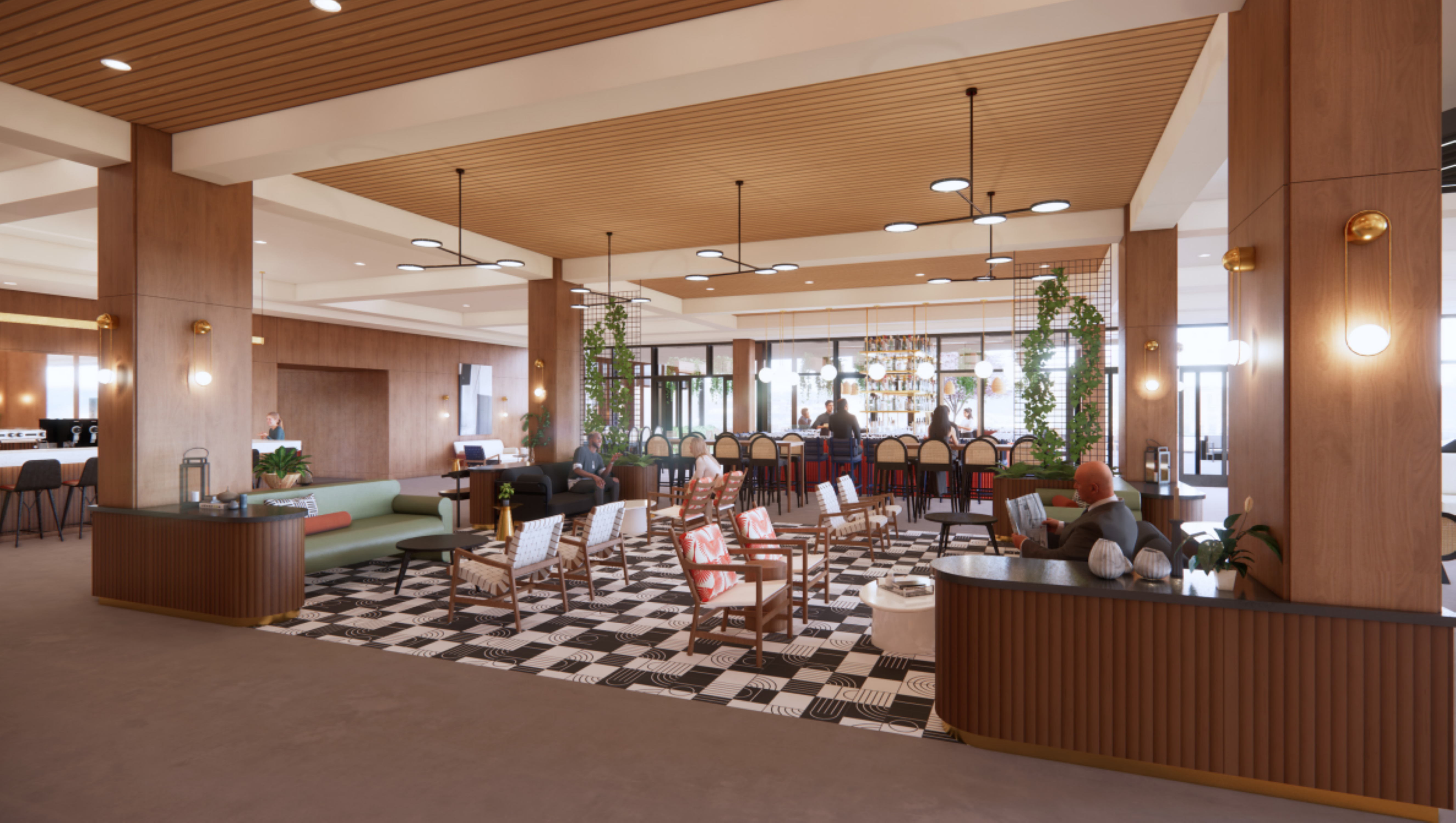 The modern Nashville hotel lobby features a seating area under a wooden ceiling and a checkered rug. In the background, the bar adorned with plants and pendant lights adds charm, while people are seated and engaged in conversation.