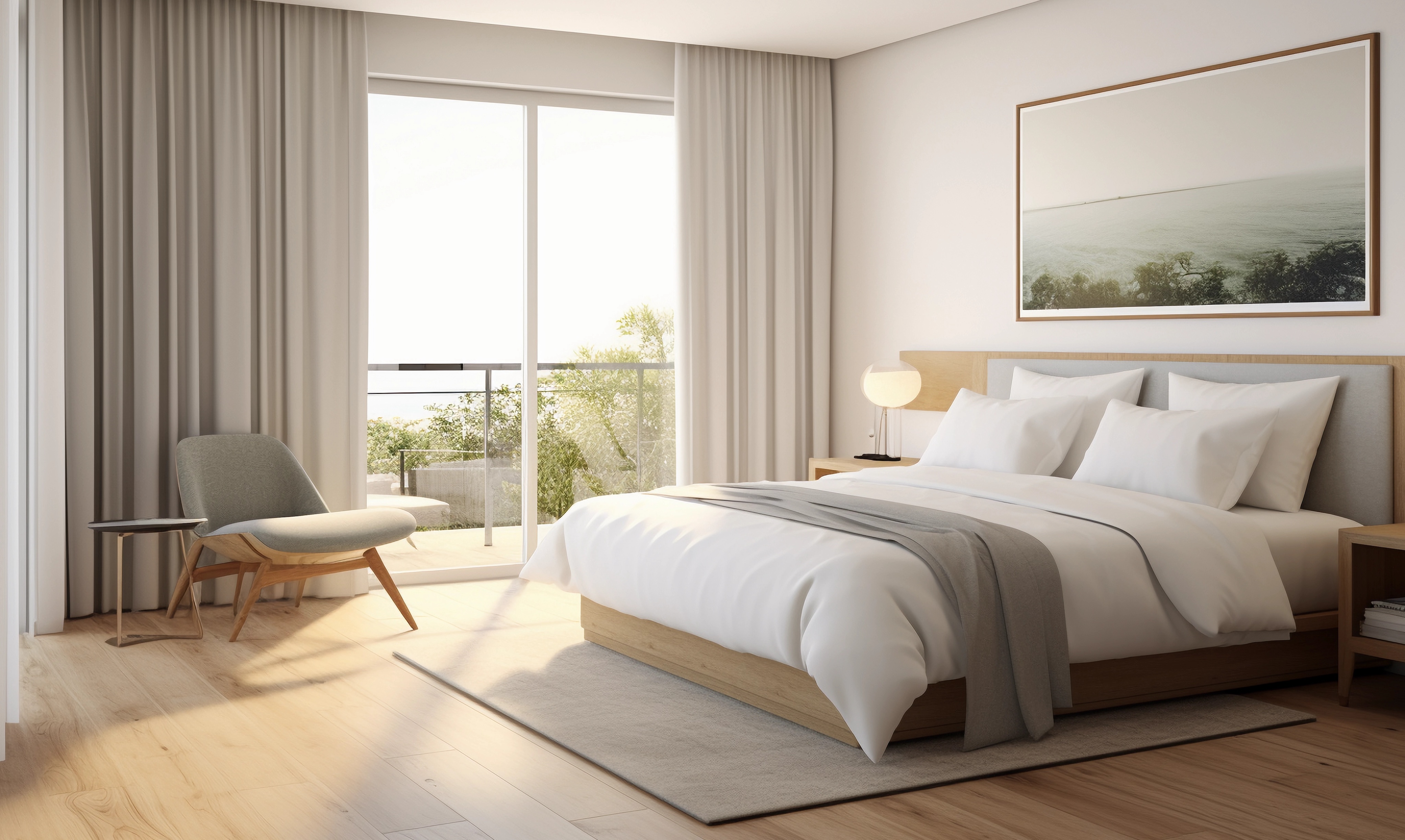 Minimalist Nashville bedroom with a large bed, modern chair, and floor lamp. Sunlight streams through glass doors leading to a balcony. A framed landscape photo graces the wall, complementing the serene ambiance.