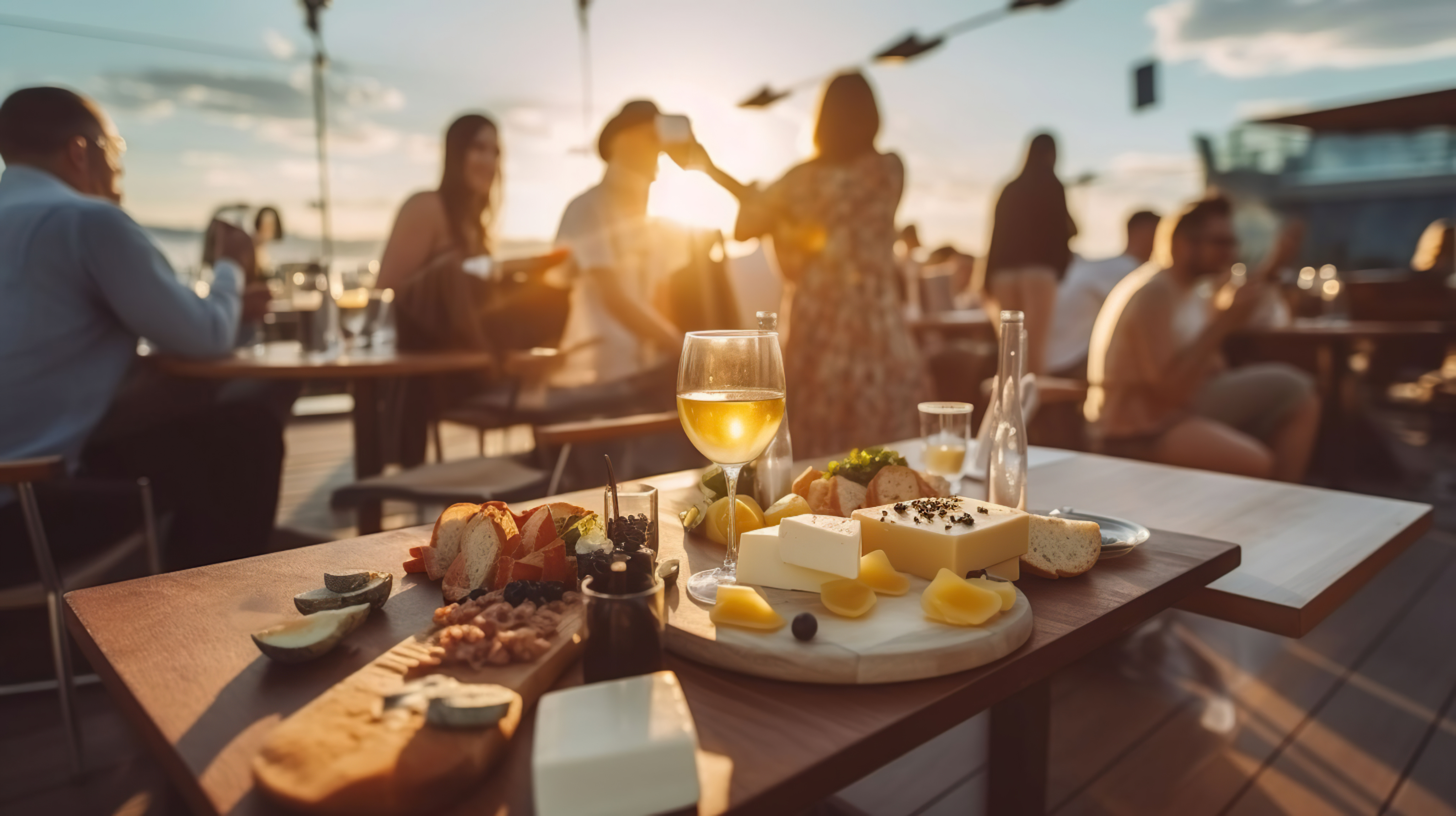 A Nashville evening unfolds with a table set with cheese, bread, and a glass of wine in the foreground; people savor dining outdoors against the backdrop of a golden sunset.