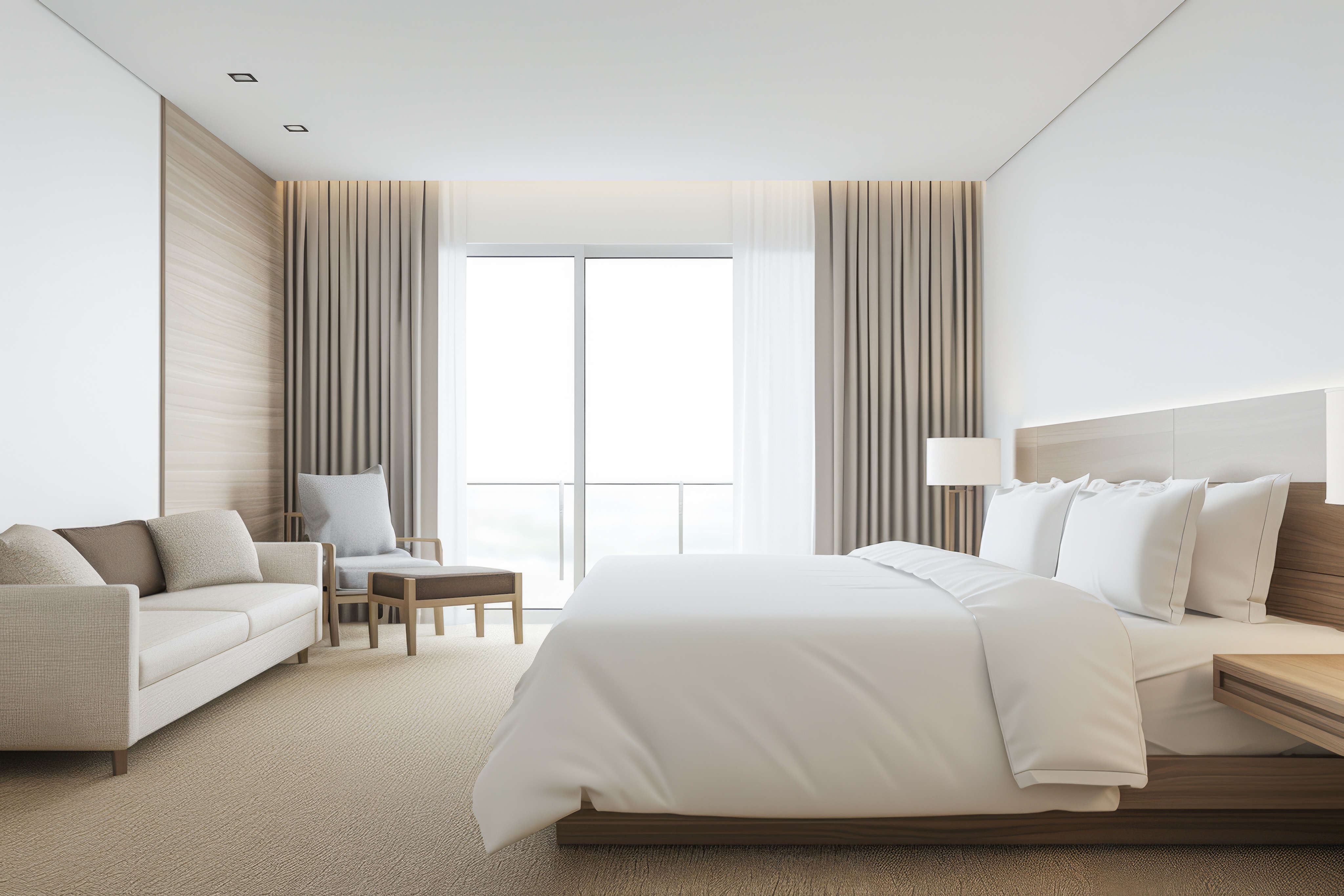 A modern bedroom in Nashville features a large bed, a sofa, and a chair. The room boasts beige and white tones, complemented by large windows and minimalist decor.