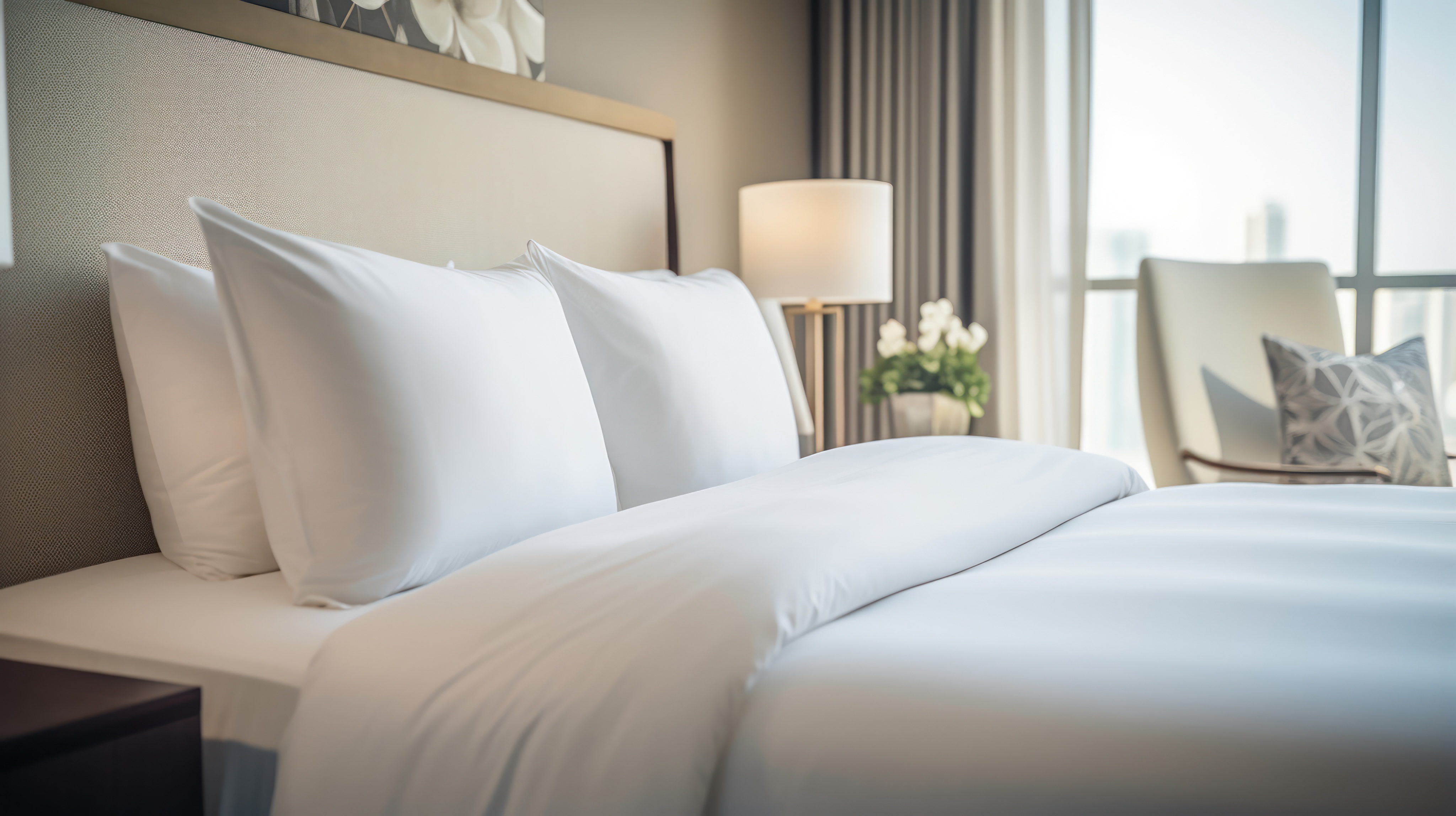 A neatly made bed with white sheets and pillows sits in a well-lit Nashville room. A bedside lamp casts a warm glow, while potted flowers thrive near the window adorned with sheer curtains.