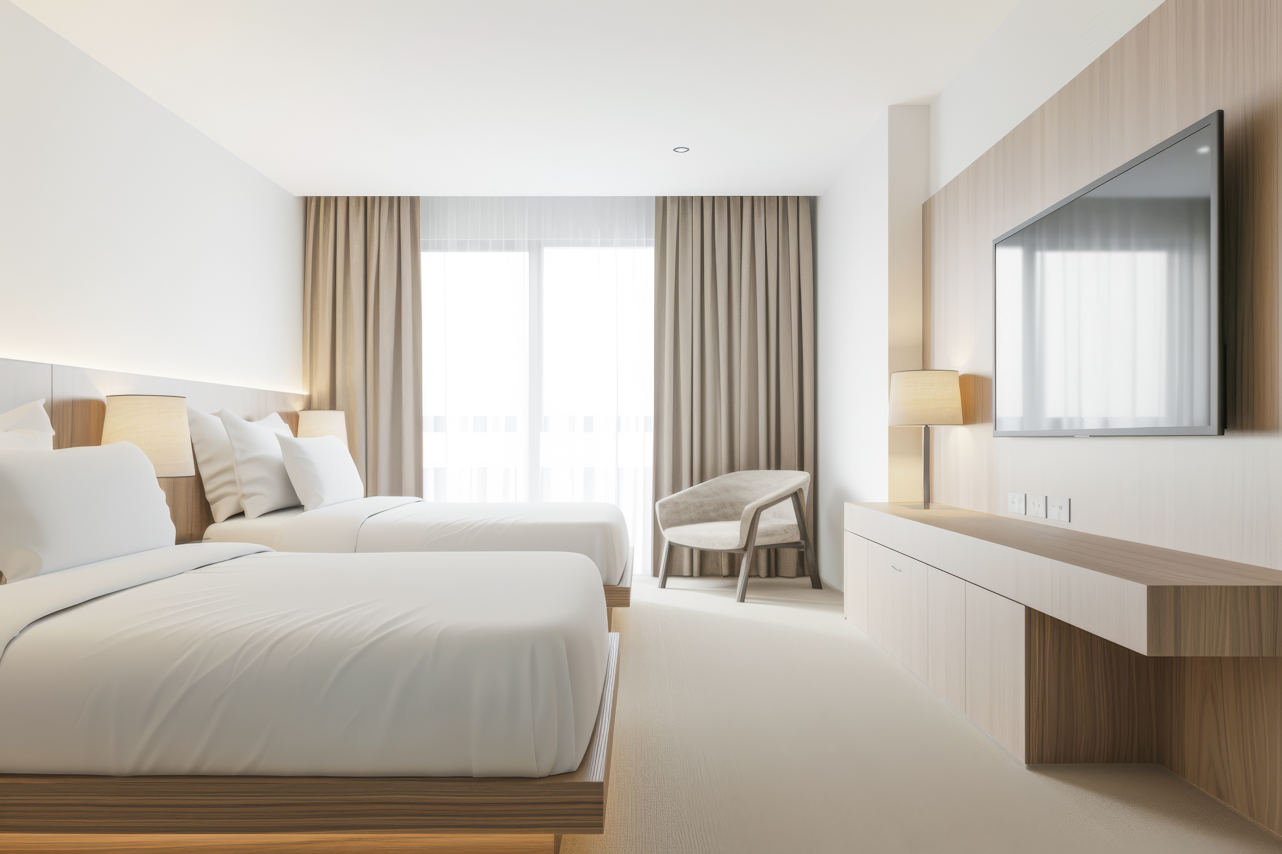 A modern hotel room in Nashville features two neatly made beds, a large wall-mounted TV, a wooden cabinet, a chair, and a window with beige curtains.