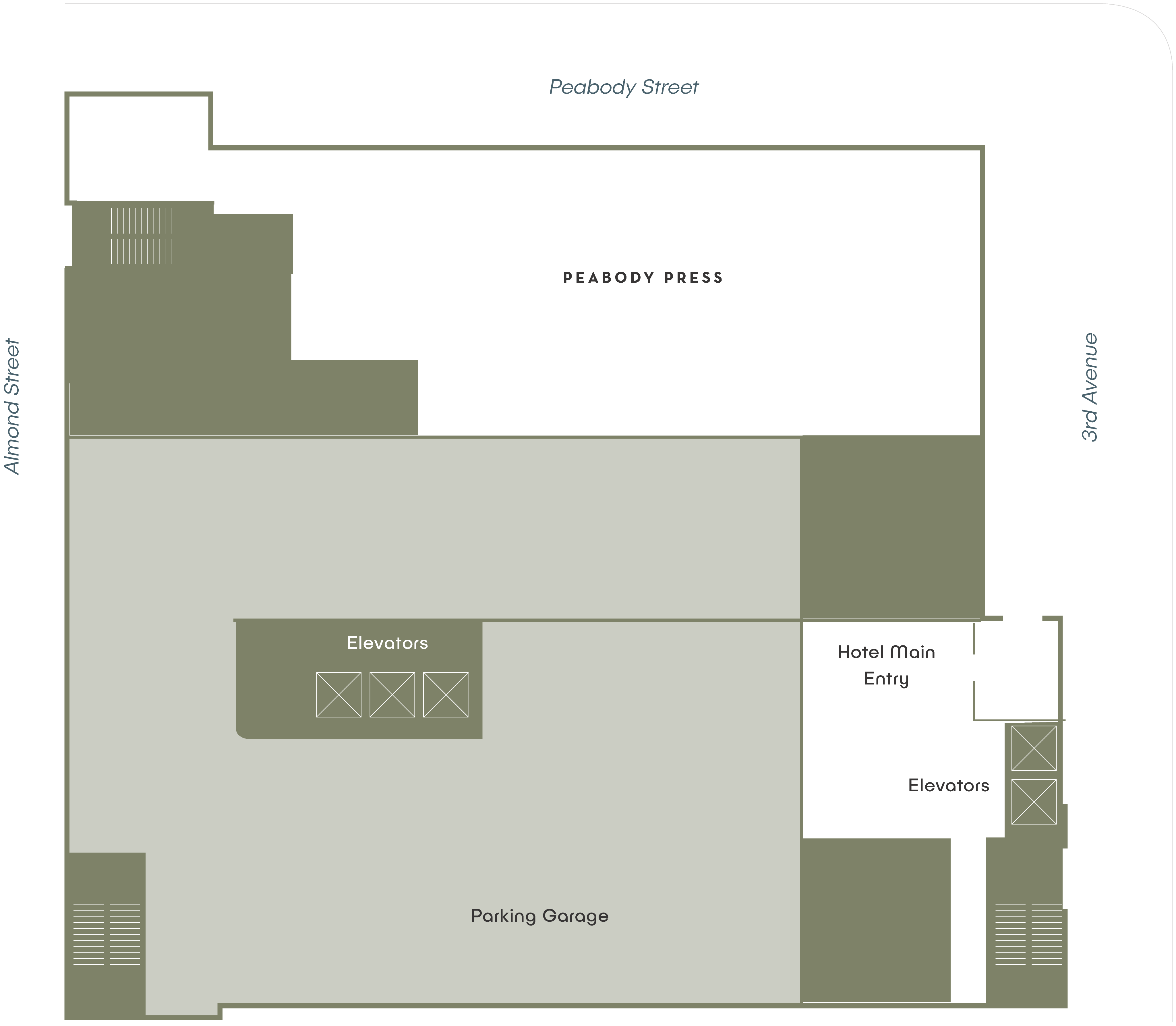 Floor plan depicting a Nashville parking garage with elevators, the hotel's main entry, and nearby streets: Peabody Street, Almond Street, and Avenue 12.