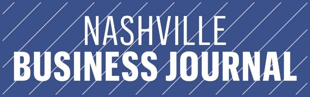 Nashville Business Journal logo on a blue background with diagonal lines.