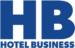 Blue "HB" block letters above the words "HOTEL BUSINESS" in bold blue text on a light background, designed by Printing House Nashville.