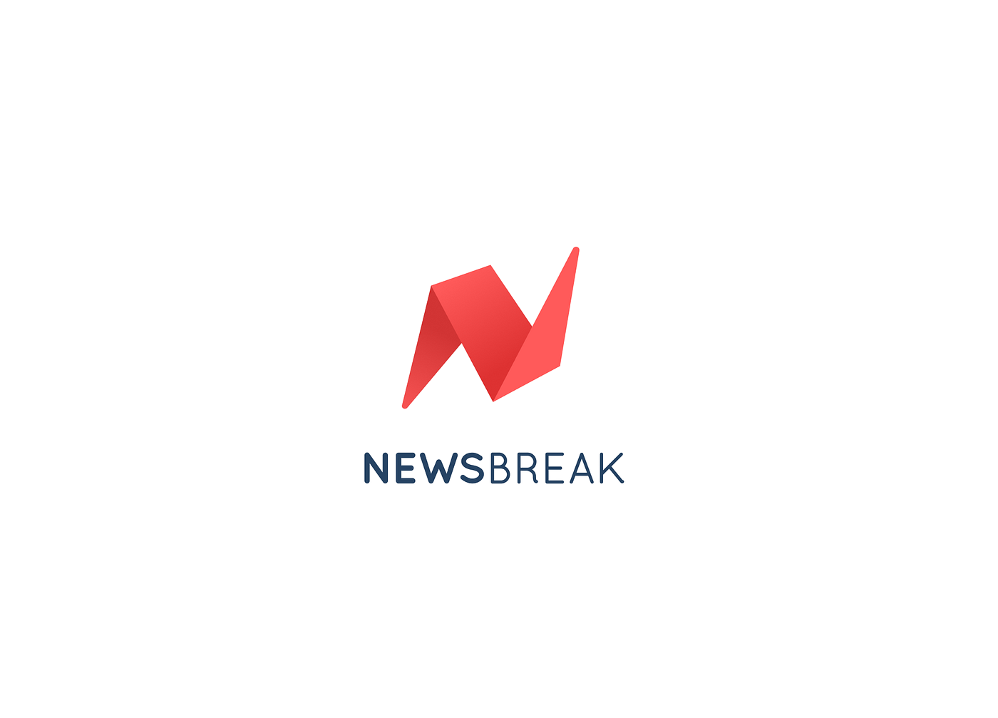 Red angular logo resembling an origami shape above the word "NEWSBREAK" in blue capital letters on a white background, reminiscent of the modern style found in downtown Nashville near the Printing House Hotel.