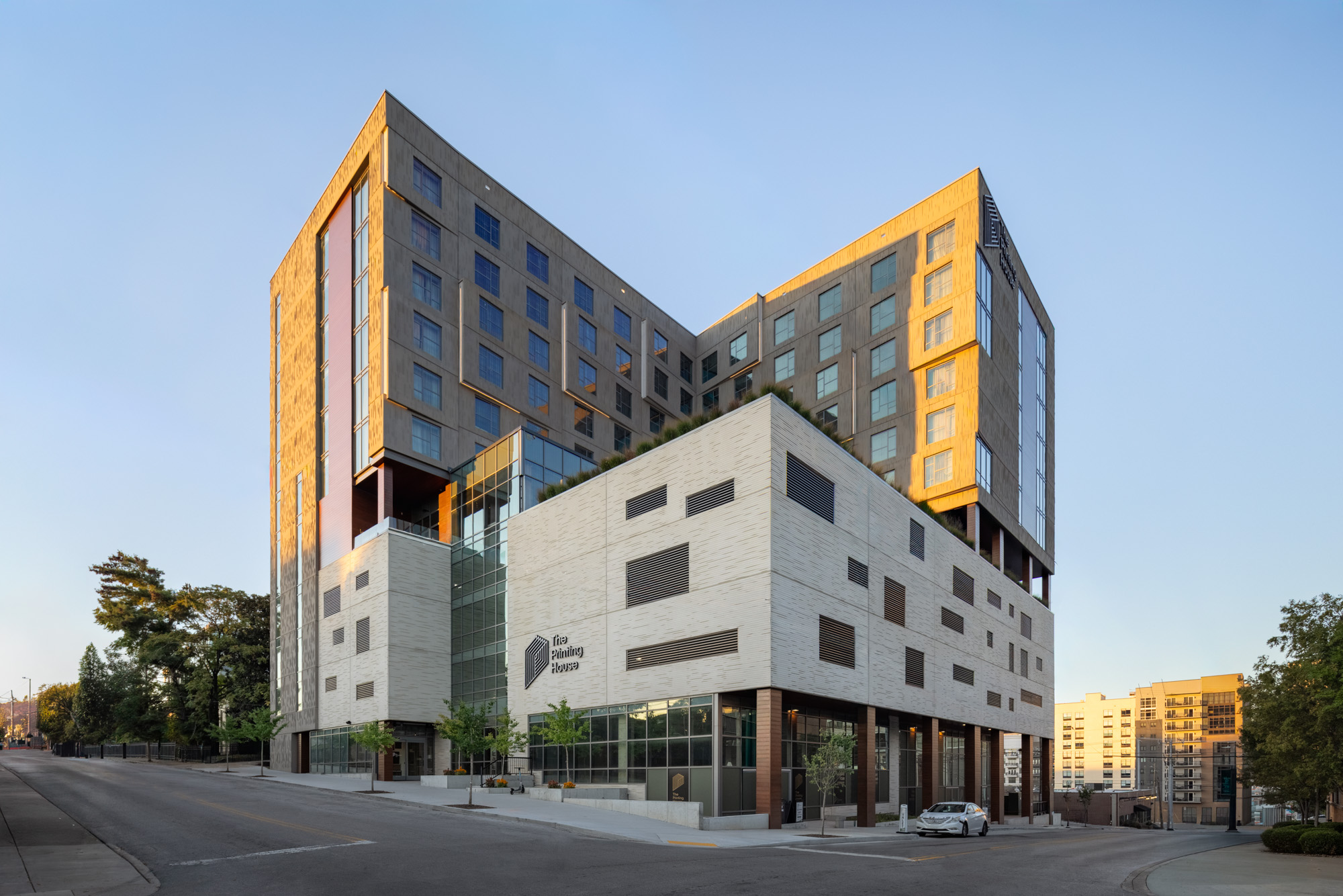 The Printing House hotel exterior in downtown Nashville, showcasing modern boutique accommodations near major attractions and other top hotels in Nashville, TN
