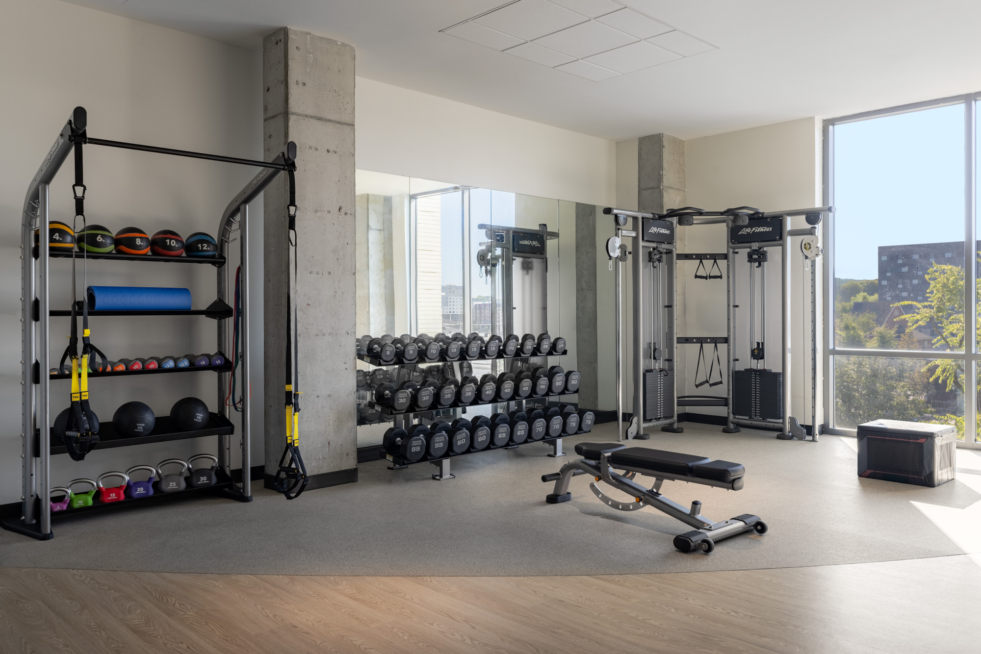 Workout and fitness room at The Printing House in Nashville, featuring in-room excercise equipment in a comfortable space designed for staying active while traveling