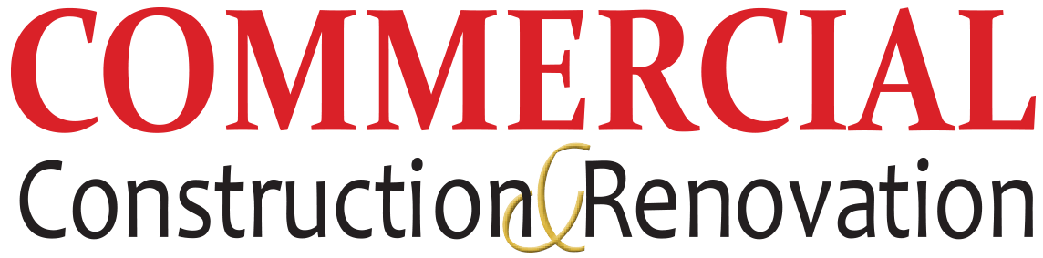Logo displaying the words "COMMERCIAL Construction & Renovation" with "COMMERCIAL" in large red letters and the rest in black and gold text.